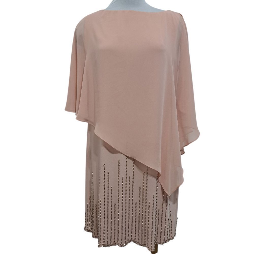 Xscape Asymmetrical Shawl Beaded Underlay Casual Elegant Mini Dress Blush Siz 14
